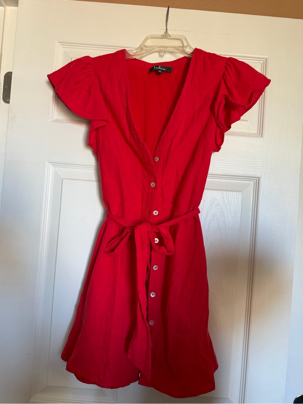 Lulu's Bright Red Button-Front Tie-Waist Mini Dress